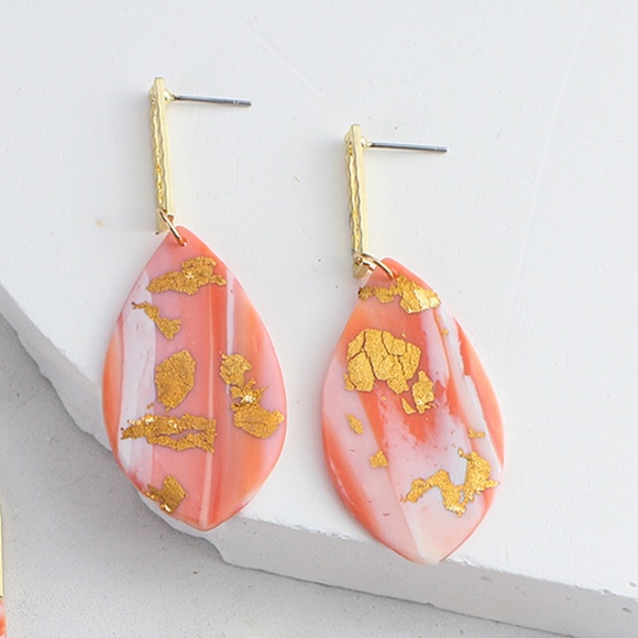 Gold Foil Flecked Polymer Clay Drop Pink and Gold Earrings - Picture 3 of 4
